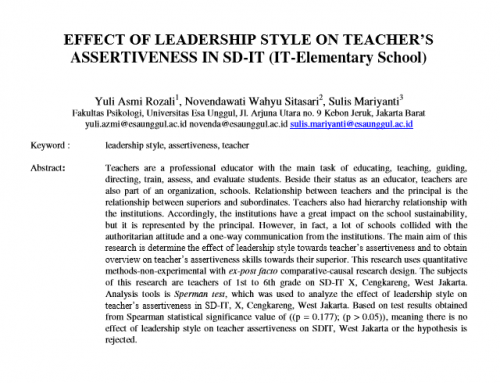 Effect of Leadership Style on Teacher’s Assertiveness in SD-IT (IT-Elementary School)